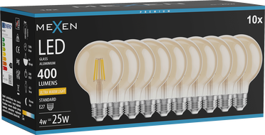 Mexen Vintis 10x žiarovka filament LED E27, G80, 4W, Teplá - 2200K, 400 lm, jantárová - L155-E27-0422-50x10