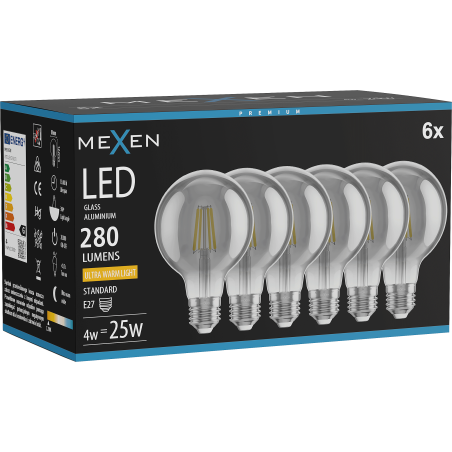 Mexen Vintis 6x LED žiarovka s vláknom E27, G80, 4W, Teplá - 2200K, 280 lm, dymová - L155-E27-0422-70x06