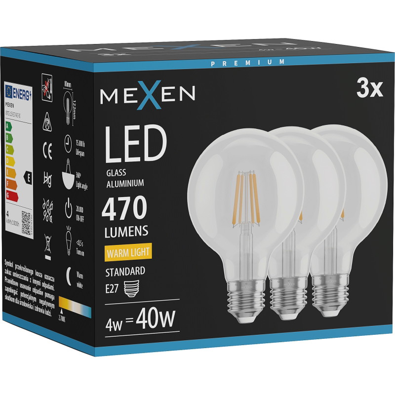 Mexen Vintis 3x LED žiarovka s vláknom E27, G80, 4W, Teplá - 2700K, 470 lm, číra - L155-E27-0427-00x03