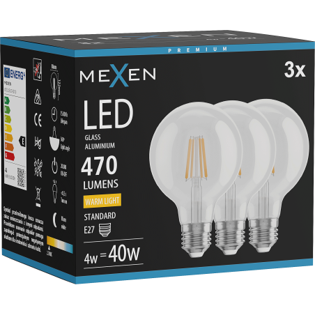 Mexen Vintis 3x LED žiarovka s vláknom E27, G80, 4W, Teplá - 2700K, 470 lm, číra - L155-E27-0427-00x03