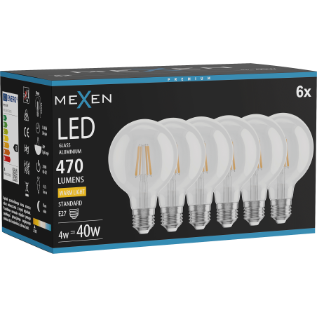 Mexen Vintis 6x Žiarovka filament LED E27, G80, 4W, Teplá - 2700K, 470 lm, číra - L155-E27-0427-00x06