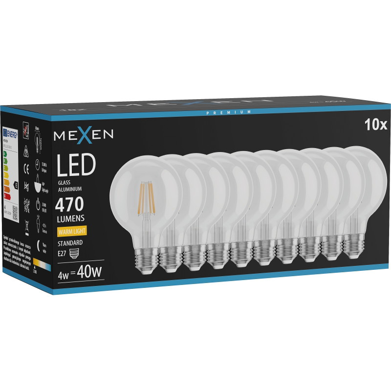 Mexen Vintis 10x žiarovka filament LED E27, G80, 4W, Teplá - 2700K, 470 lm, číra - L155-E27-0427-00x10