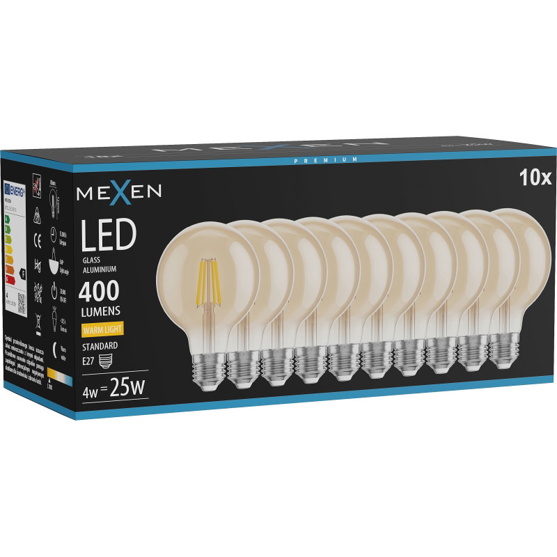 Mexen Vintis 10x žiarovka filament LED E27, G80, 4W, Teplá - 2700K, 400 lm, jantárová - L155-E27-0427-50x10