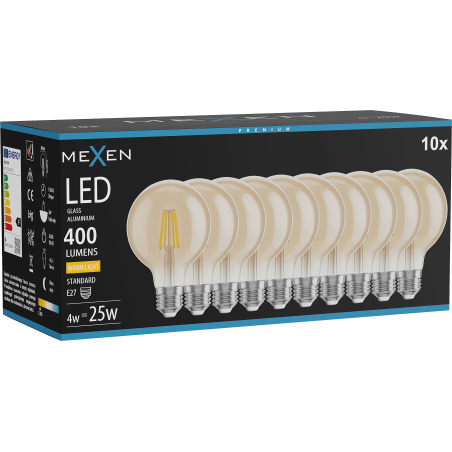 Mexen Vintis 10x žiarovka filament LED E27, G80, 4W, Teplá - 2700K, 400 lm, jantárová - L155-E27-0427-50x10