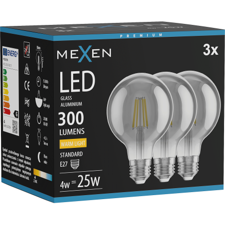 Mexen Vintis 3x žiarovka filament LED E27, G80, 4W, Teplá - 2700K, 300 lm, dymová - L155-E27-0427-70x03
