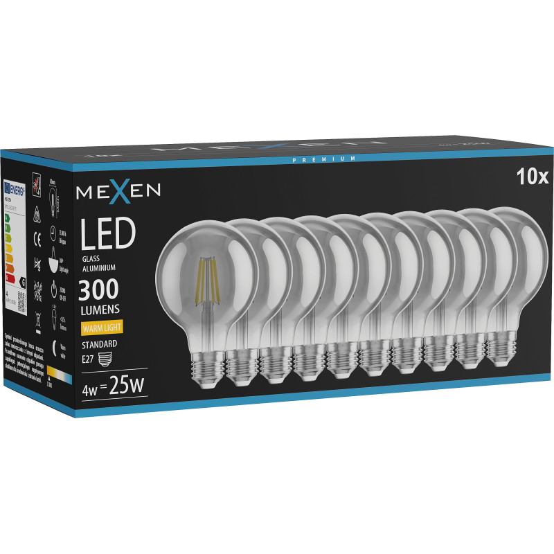 Mexen Vintis 10x žiarovka filament LED E27, G80, 4W, Teplá - 2700K, 300 lm, dymová - L155-E27-0427-70x10