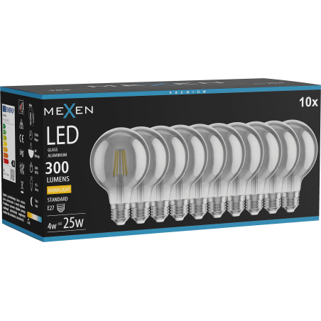 Mexen Vintis 10x žiarovka filament LED E27, G80, 4W, Teplá - 2700K, 300 lm, dymová - L155-E27-0427-70x10