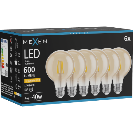 Mexen Vintis 6x Žiarovka filament LED E27, G80, 6W, Teplá - 2200K, 600 lm, jantárová - L155-E27-0622-50x06