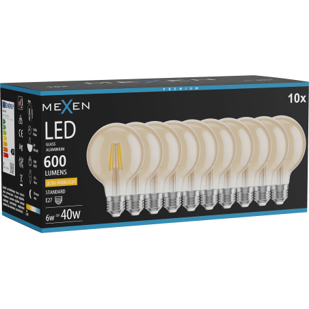 Mexen Vintis 10x žiarovka filament LED E27, G80, 6W, Teplá - 2200K, 600 lm, jantárová - L155-E27-0622-50x10