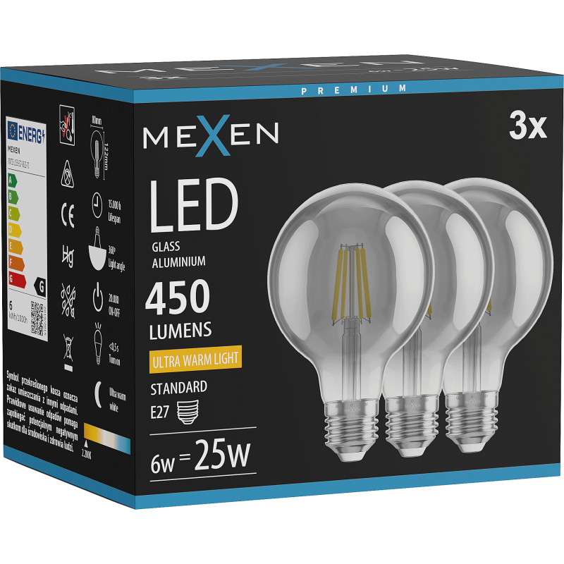 Mexen Vintis 3x LED žiarovka filament E27, G80, 6W, Teplá - 2200K, 450 lm, dymová - L155-E27-0622-70x03