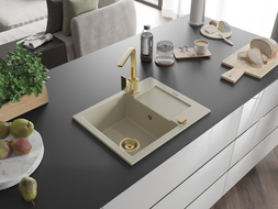 Mexen Enzo granitový drez, 1-komorový s odkvapkávačom a kuchynskou batériou Rita, béžový - 6506-69-670300-50