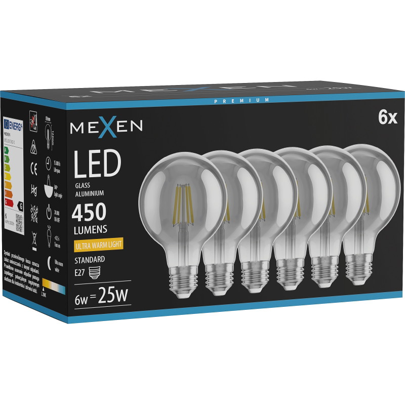 Mexen Vintis 6x Žiarovka filament LED E27, G80, 6W, Teplá - 2200K, 450 lm, dymová - L155-E27-0622-70x06