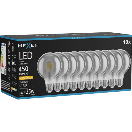 Mexen Vintis 10x žiarovka filament LED E27, G80, 6W, Teplá - 2200K, 450 lm, dymová - L155-E27-0622-70x10