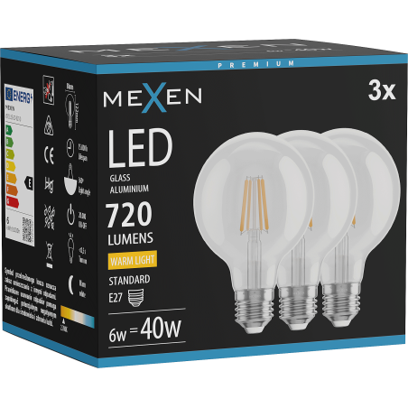 Mexen Vintis 3x LED vlákno žiarovka E27, G80, 6W, Teplá - 2700K, 720 lm, priehľadná - L155-E27-0627-00x03
