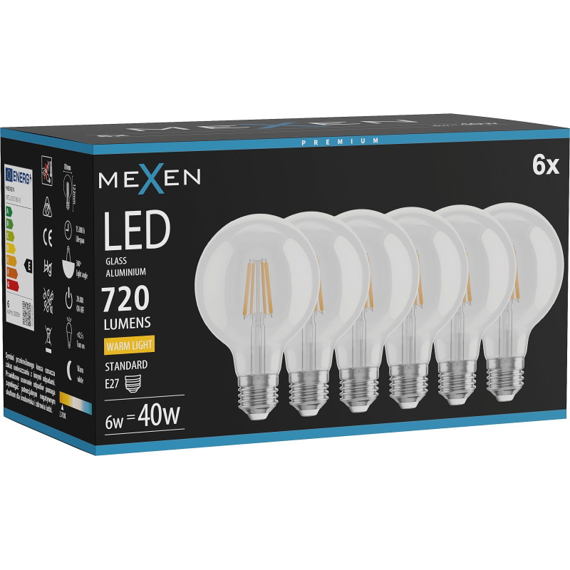 Mexen Vintis 6x LED filamentová žiarovka E27, G80, 6W, Teplá - 2700K, 720 lm, číra - L155-E27-0627-00x06