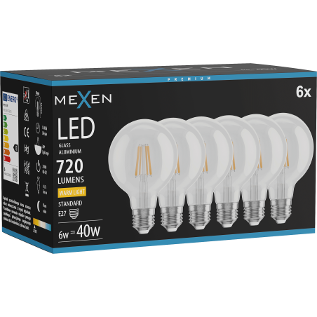 Mexen Vintis 6x LED filamentová žiarovka E27, G80, 6W, Teplá - 2700K, 720 lm, číra - L155-E27-0627-00x06