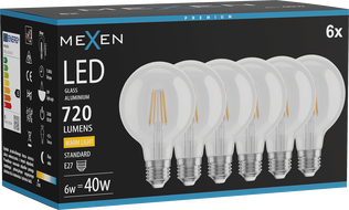 Mexen Vintis 6x LED filamentová žiarovka E27, G80, 6W, Teplá - 2700K, 720 lm, číra - L155-E27-0627-00x06