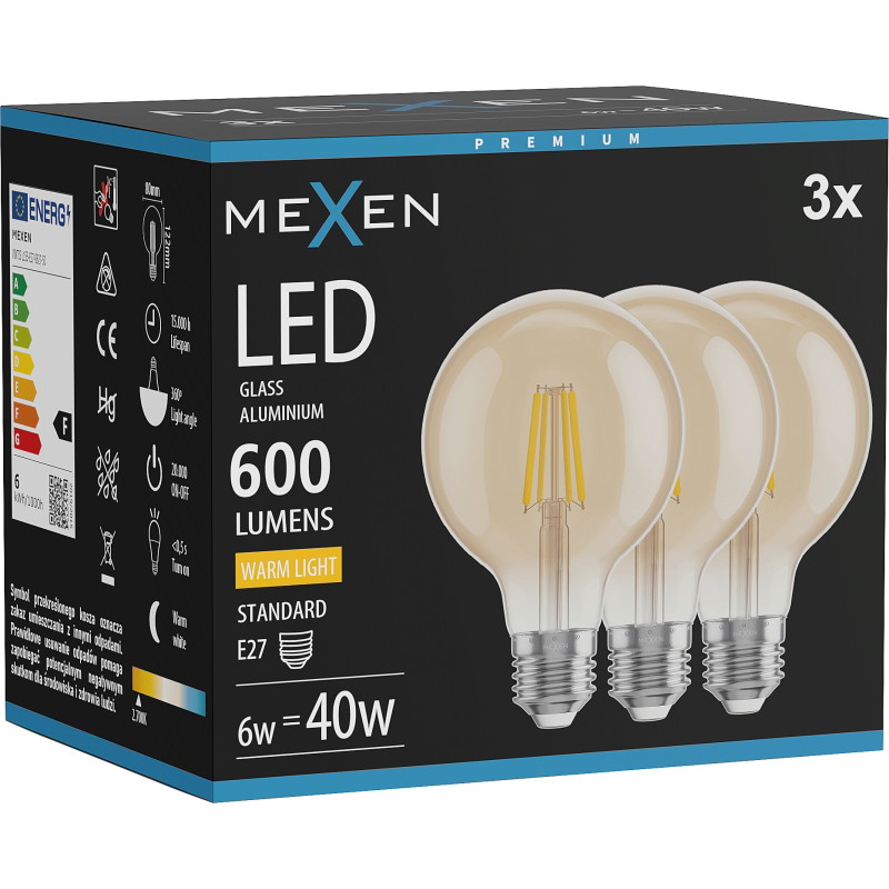 Mexen Vintis 3x Žiarovka filament LED E27, G80, 6W, Teplá - 2700K, 400 lm, jantárová - L155-E27-0627-50x03