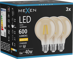 Mexen Vintis 3x Žiarovka filament LED E27, G80, 6W, Teplá - 2700K, 400 lm, jantárová - L155-E27-0627-50x03