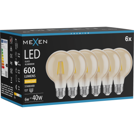 Mexen Vintis 6x LED žiarovka s vláknom E27, G80, 6W, Teplá - 2700K, 400 lm, jantárová - L155-E27-0627-50x06