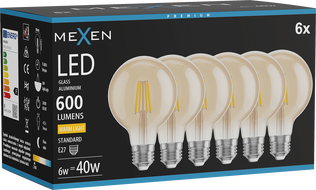 Mexen Vintis 6x LED žiarovka s vláknom E27, G80, 6W, Teplá - 2700K, 400 lm, jantárová - L155-E27-0627-50x06
