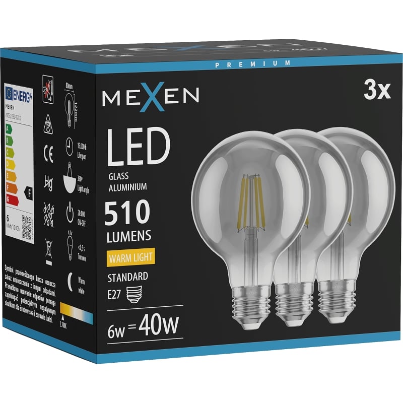 Mexen Vintis 3x LED filamentová žiarovka E27, G80, 6W, Teplá - 2700K, 510 lm, dymová - L155-E27-0627-70x03
