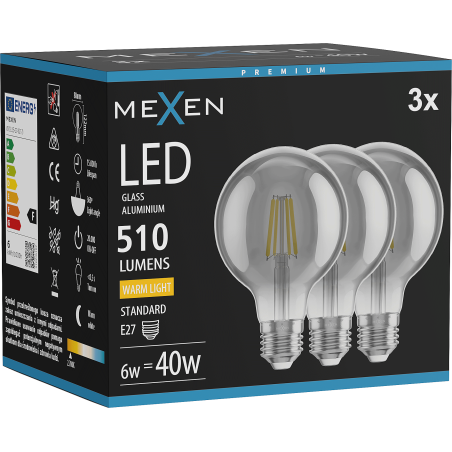 Mexen Vintis 3x LED filamentová žiarovka E27, G80, 6W, Teplá - 2700K, 510 lm, dymová - L155-E27-0627-70x03
