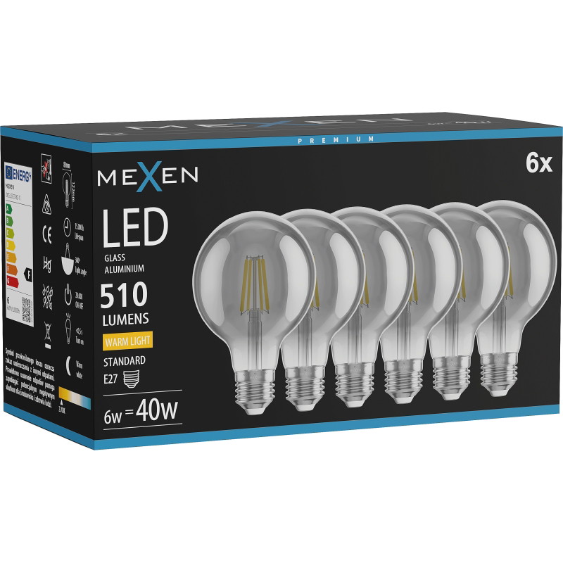 Mexen Vintis 6x Žiarovka filament LED E27, G80, 6W, Teplá - 2700K, 510 lm, smoke - L155-E27-0627-70x06