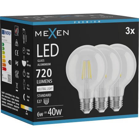 Mexen Vintis 3x LED žiarovka filament E27, G80, 6W, Neutrálna - 4000K, 720 lm, číra - L155-E27-0640-00x03