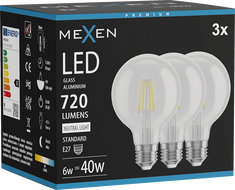 Mexen Vintis 3x LED žiarovka filament E27, G80, 6W, Neutrálna - 4000K, 720 lm, číra - L155-E27-0640-00x03