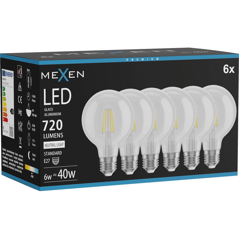 Mexen Vintis 6x vlákno žiarovka LED E27, G80, 6W, Neutrálna - 4000K, 720 lm, číra - L155-E27-0640-00x06