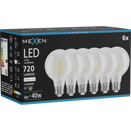 Mexen Vintis 6x vlákno žiarovka LED E27, G80, 6W, Neutrálna - 4000K, 720 lm, číra - L155-E27-0640-00x06