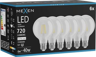 Mexen Vintis 6x vlákno žiarovka LED E27, G80, 6W, Neutrálna - 4000K, 720 lm, číra - L155-E27-0640-00x06