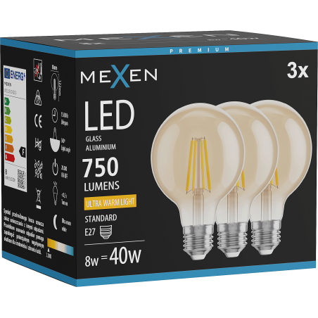 Mexen Vintis 3x Žiarovka filament LED E27, G80, 8W, Teplá - 2200K, 750 lm, jantárová - L155-E27-0822-50x03