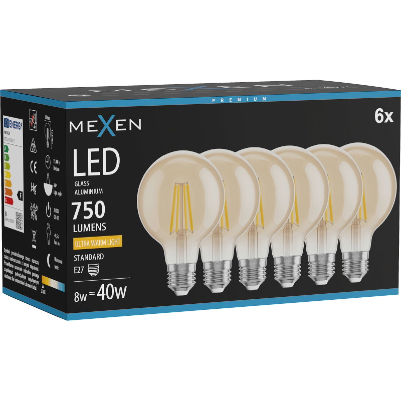 Mexen Vintis 6x Žiarovka filament LED E27, G80, 8W, Teplá - 2200K, 750 lm, jantárová - L155-E27-0822-50x06