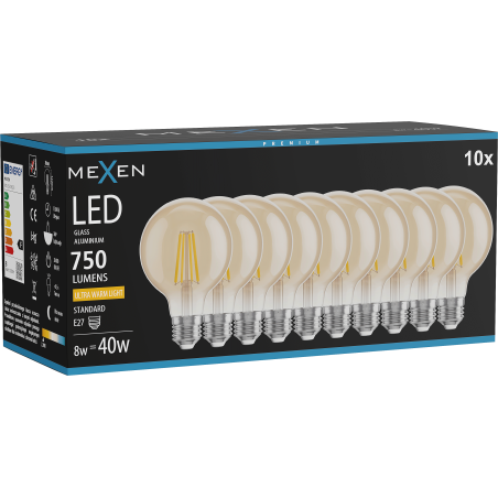 Mexen Vintis 10x žiarovka filament LED E27, G80, 8W, Teplá - 2200K, 750 lm, jantárová - L155-E27-0822-50x10