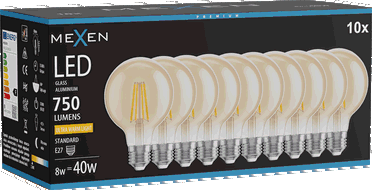 Mexen Vintis 10x žiarovka filament LED E27, G80, 8W, Teplá - 2200K, 750 lm, jantárová - L155-E27-0822-50x10