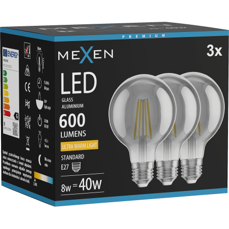 Mexen Vintis 3x žiarovka filament LED E27, G80, 8W, Teplá - 2200K, 600 lm, dymová - L155-E27-0822-70x03