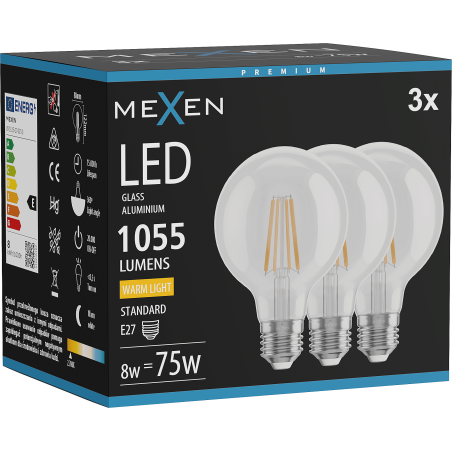 Mexen Vintis 3x LED filamentová žiarovka E27, G80, 8W, Teplá - 2700K, 1055 lm, číra - L155-E27-0827-00x03