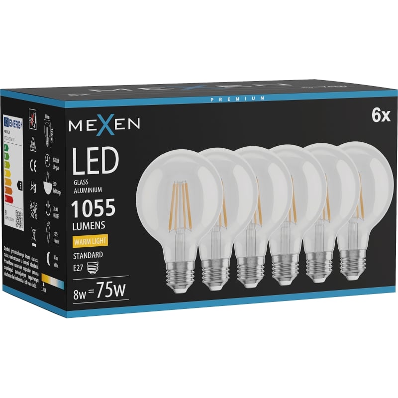Mexen Vintis 6x LED žiarovka vlákno E27, G80, 8W, Teplá - 2700K, 1055 lm, číra - L155-E27-0827-00x06