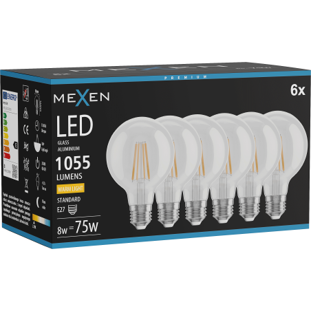 Mexen Vintis 6x LED žiarovka vlákno E27, G80, 8W, Teplá - 2700K, 1055 lm, číra - L155-E27-0827-00x06