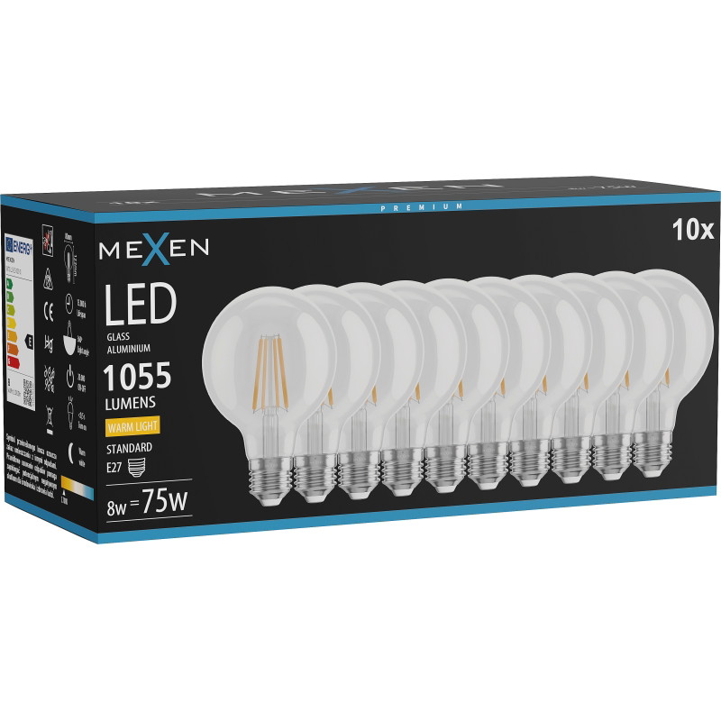 Mexen Vintis 10x LED filamentová žiarovka E27, G80, 8W, Teplá - 2700K, 1055 lm, číra - L155-E27-0827-00x10