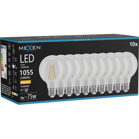 Mexen Vintis 10x LED filamentová žiarovka E27, G80, 8W, Teplá - 2700K, 1055 lm, číra - L155-E27-0827-00x10