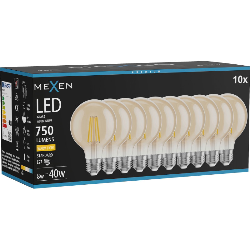 Mexen Vintis 10x žiarovka filament LED E27, G80, 8W, Teplá - 2700K, 750 lm, amber - L155-E27-0827-50x10