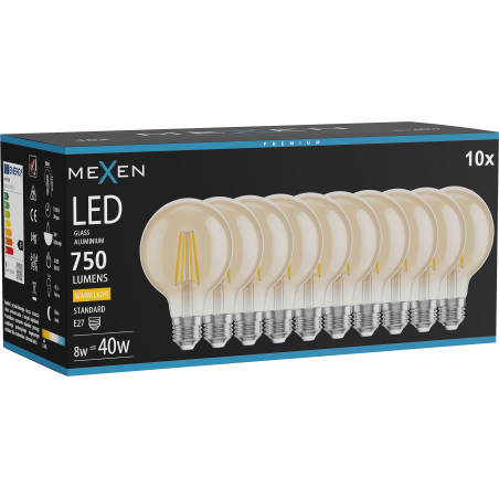 Mexen Vintis 10x žiarovka filament LED E27, G80, 8W, Teplá - 2700K, 750 lm, amber - L155-E27-0827-50x10