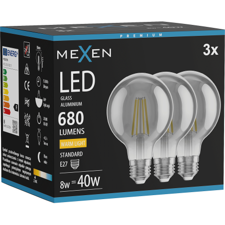 Mexen Vintis 3x Žiarovka filament LED E27, G80, 8W, Teplá - 2700K, 680 lm, smoke - L155-E27-0827-70x03