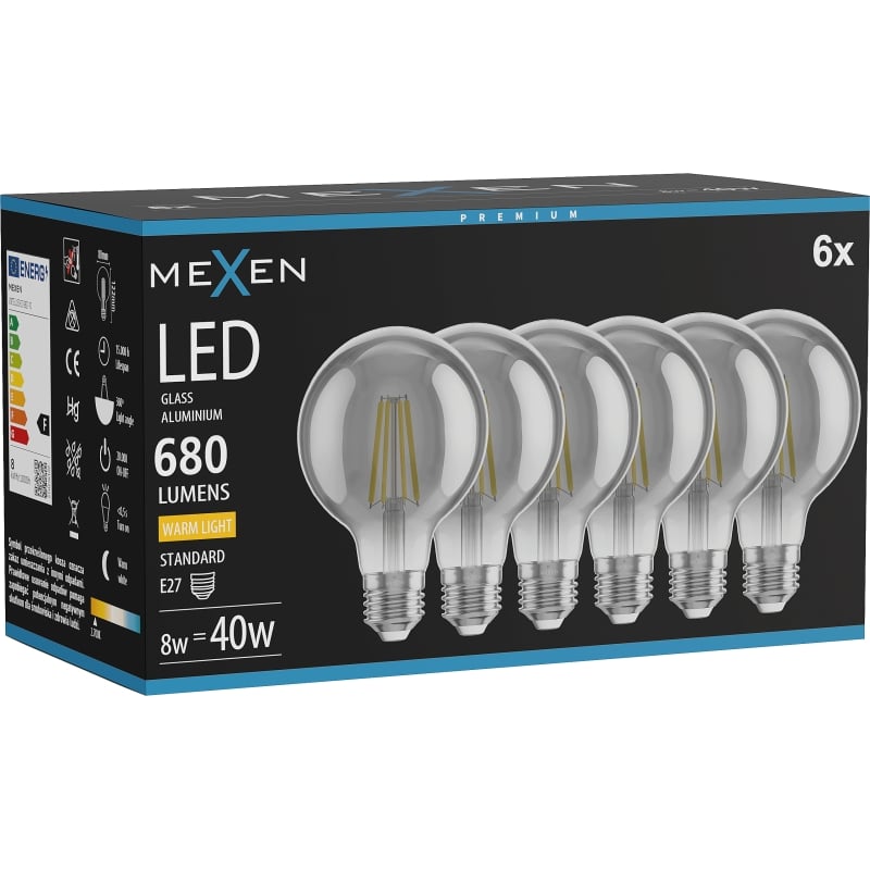 Mexen Vintis 6x LED filament žiarovka E27, G80, 8W, Teplá - 2700K, 680 lm, smoke - L155-E27-0827-70x06