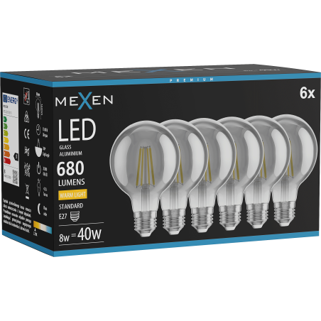 Mexen Vintis 6x LED filament žiarovka E27, G80, 8W, Teplá - 2700K, 680 lm, smoke - L155-E27-0827-70x06