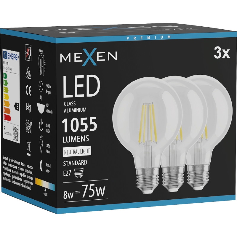 Mexen Vintis 3x LED žiarovka filament E27, G80, 8W, Neutrálna - 4000K, 1055 lm, číra - L155-E27-0840-00x03