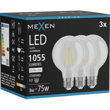 Mexen Vintis 3x LED žiarovka filament E27, G80, 8W, Neutrálna - 4000K, 1055 lm, číra - L155-E27-0840-00x03